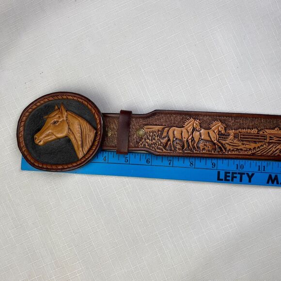 Hand Tooled LEATHER 3-D HORSES SCENE Western Belt! Handmade T Goodloe Sz 29 - Picture 9 of 16